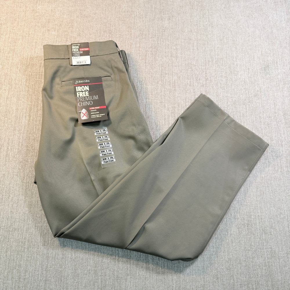 St Johns Bay Mens Iron Free Premium Chino Pants 36x29 Olive Green Relaxed Fit